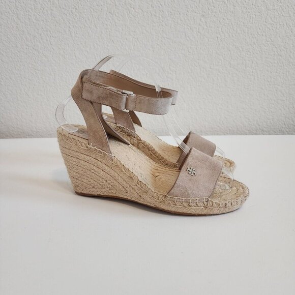 Tory Burch Bima 2 Tan Suede Wedge Jute Espadrille Ankle Strap Sandals Heels 8 - Picture 2 of 12